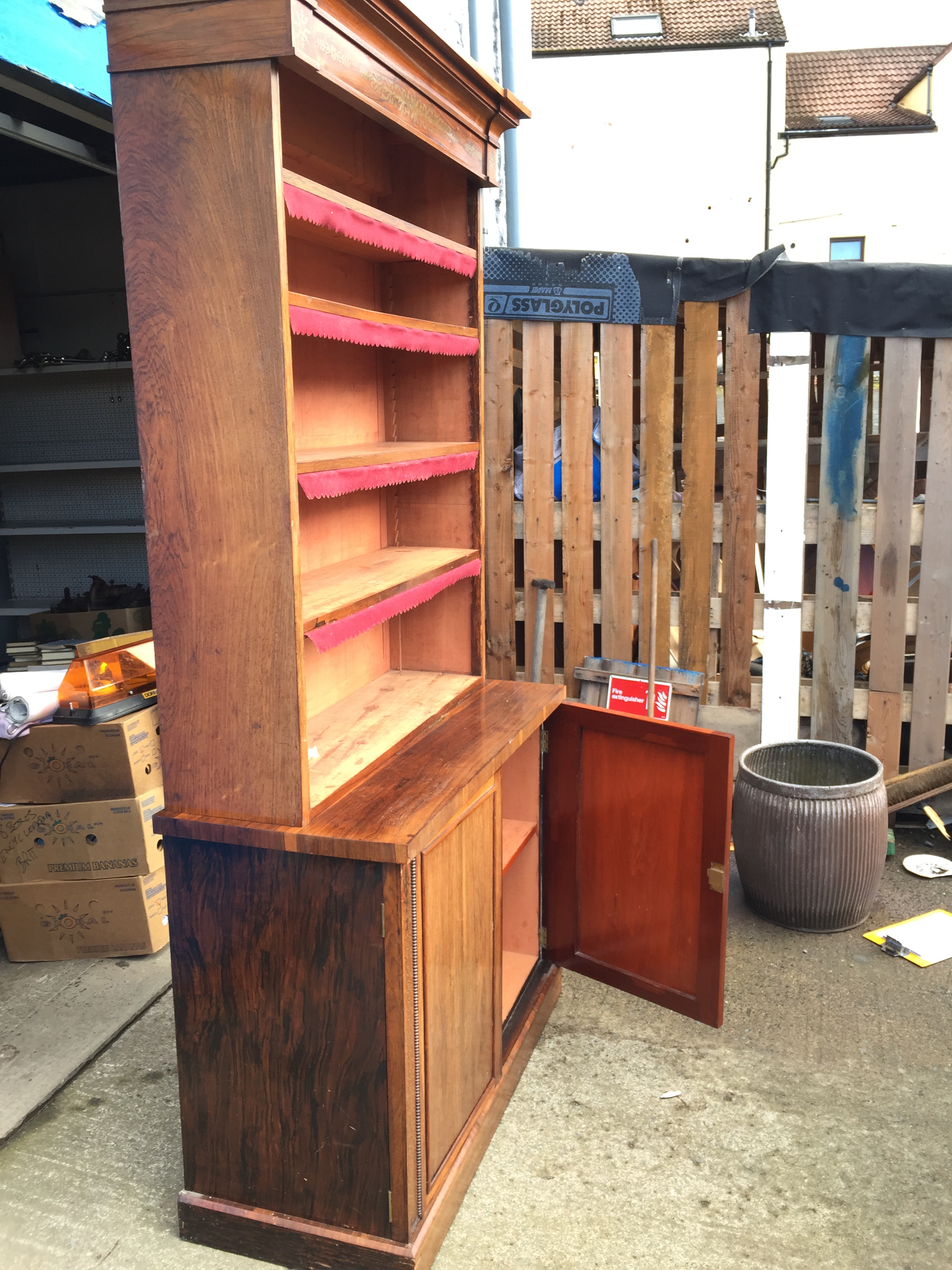 A large bookcase cabinet inlaid with brass and having ratcheted shelves and cupboards below 1220 - Image 7 of 9