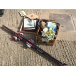 *A pair of skis and two boxes of varied items including a portable gas cooker.