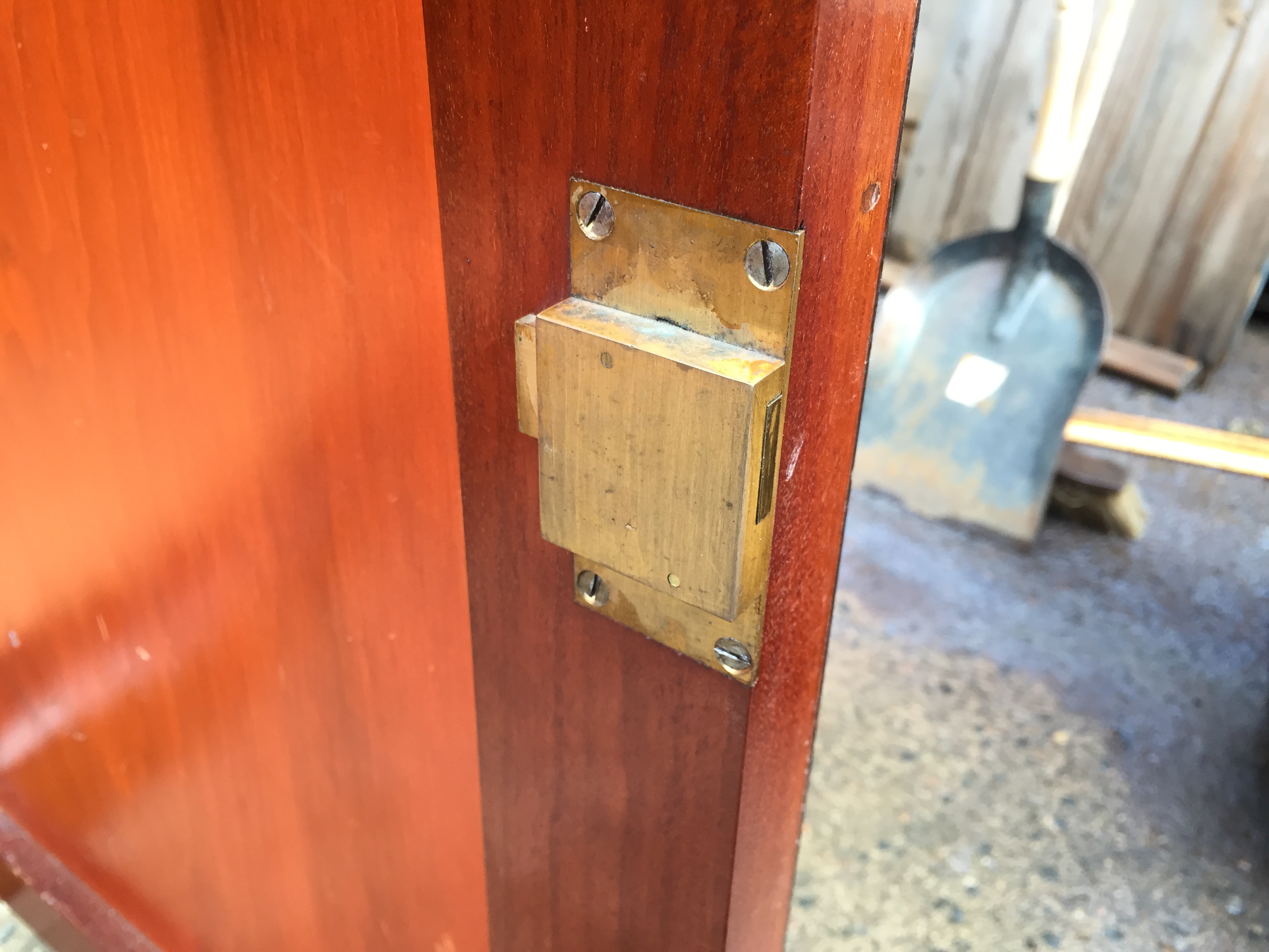 A large bookcase cabinet inlaid with brass and having ratcheted shelves and cupboards below 1220 - Image 8 of 9