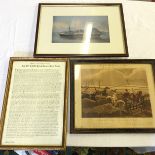 Two prints and a hand written letter of the account of the burning of the Old Thatch House Tavern.