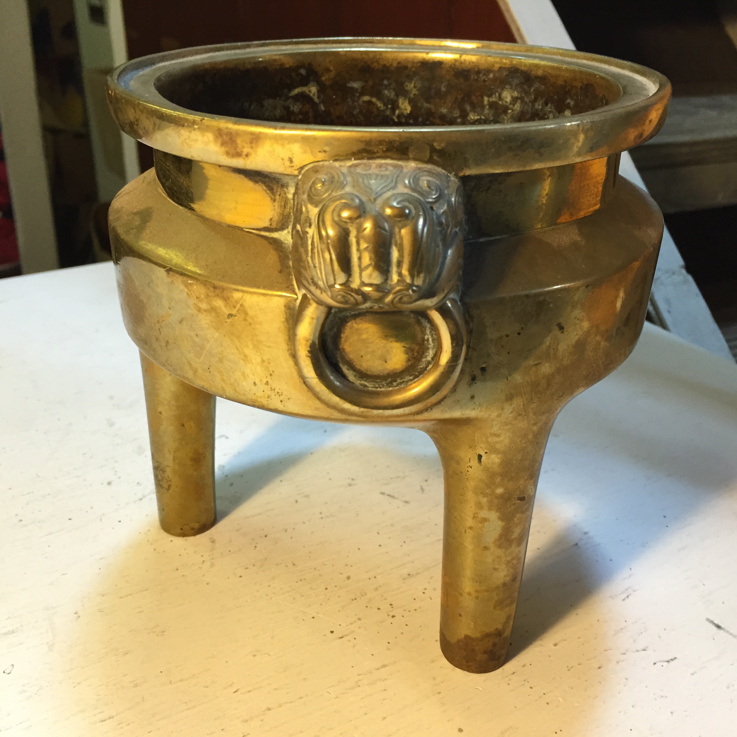 A Chinese brass censer with markings which read Made during the Xuande reign. - Image 3 of 8