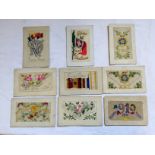 A selection of nine World War I silk postcards embroidered