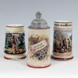 Bierkrüge - Drei Stück1x Gruß aus Ottobeuren, Floraldekor, reliefierter Zinndeckel, Craquelé, H22cm,