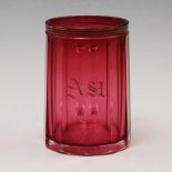 Bierkrugum 1850, Biedermeier, farbloses Glas, part. rosafarben unterfangen, runder fac. Stand u.