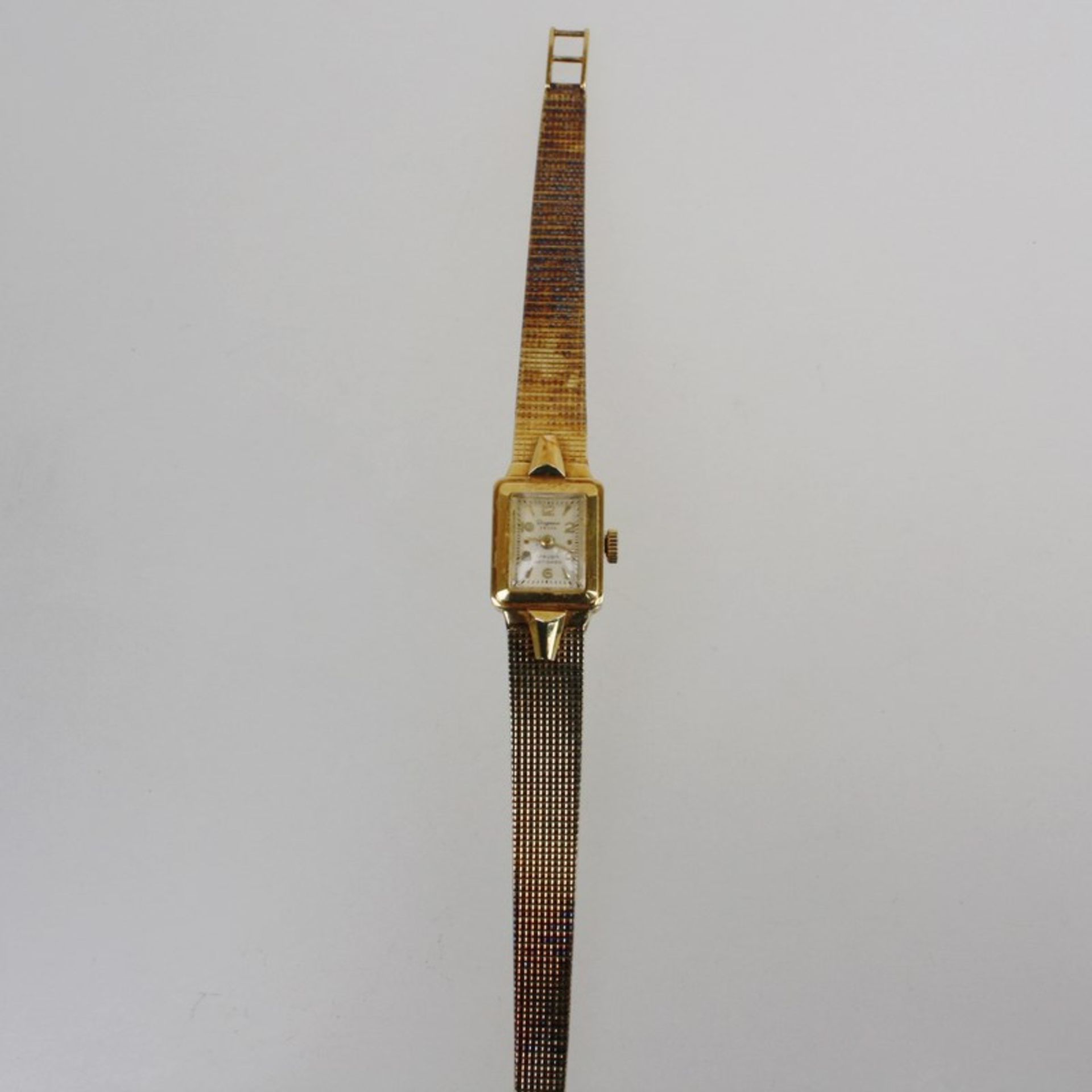 Damenarmbanduhr - Dugena FestaGG 585, rechteckiges Gehäuse, ca.1,3x1,7cm, goldfarbenes Zifferbaltt