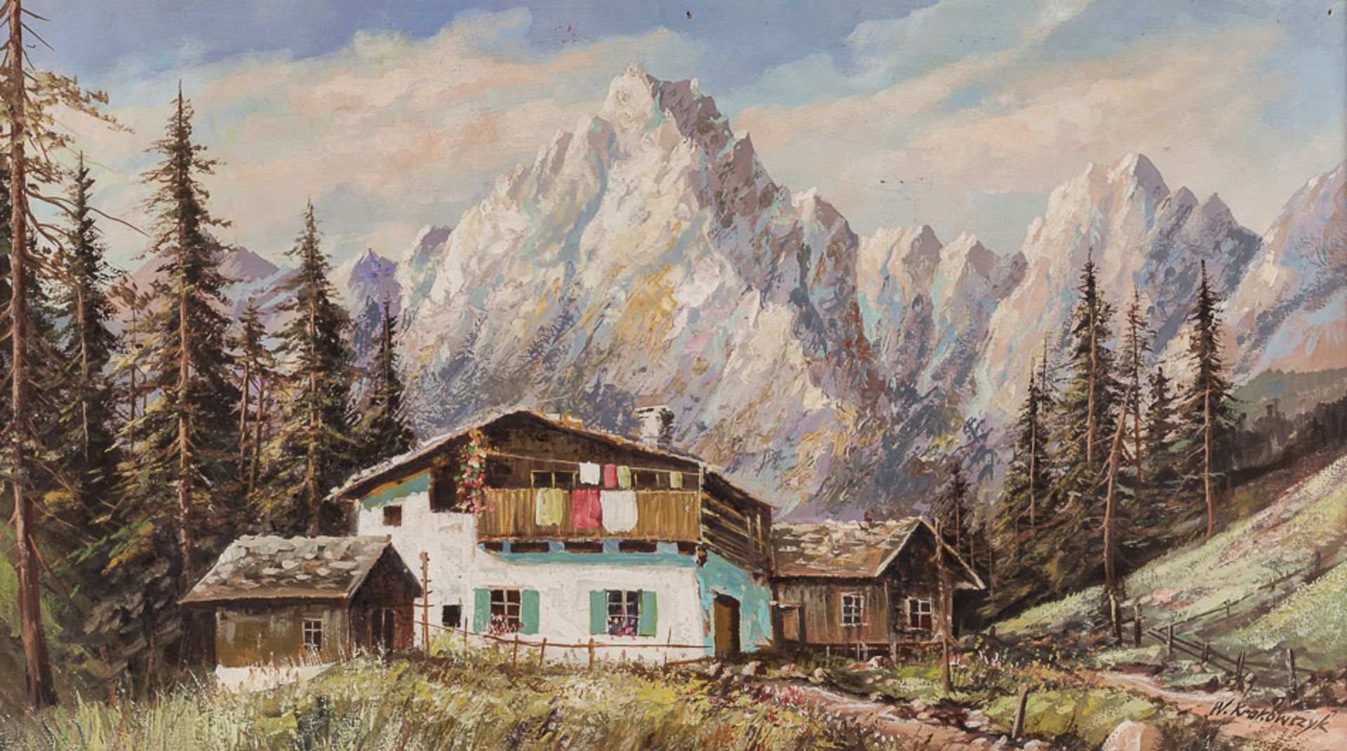W. Krakowczyk 20. Jhd."Gebirgslandschaft"
Gemälde Öl/Malkarton, 
38,5 cm x 68,5 cm, gerahmt,