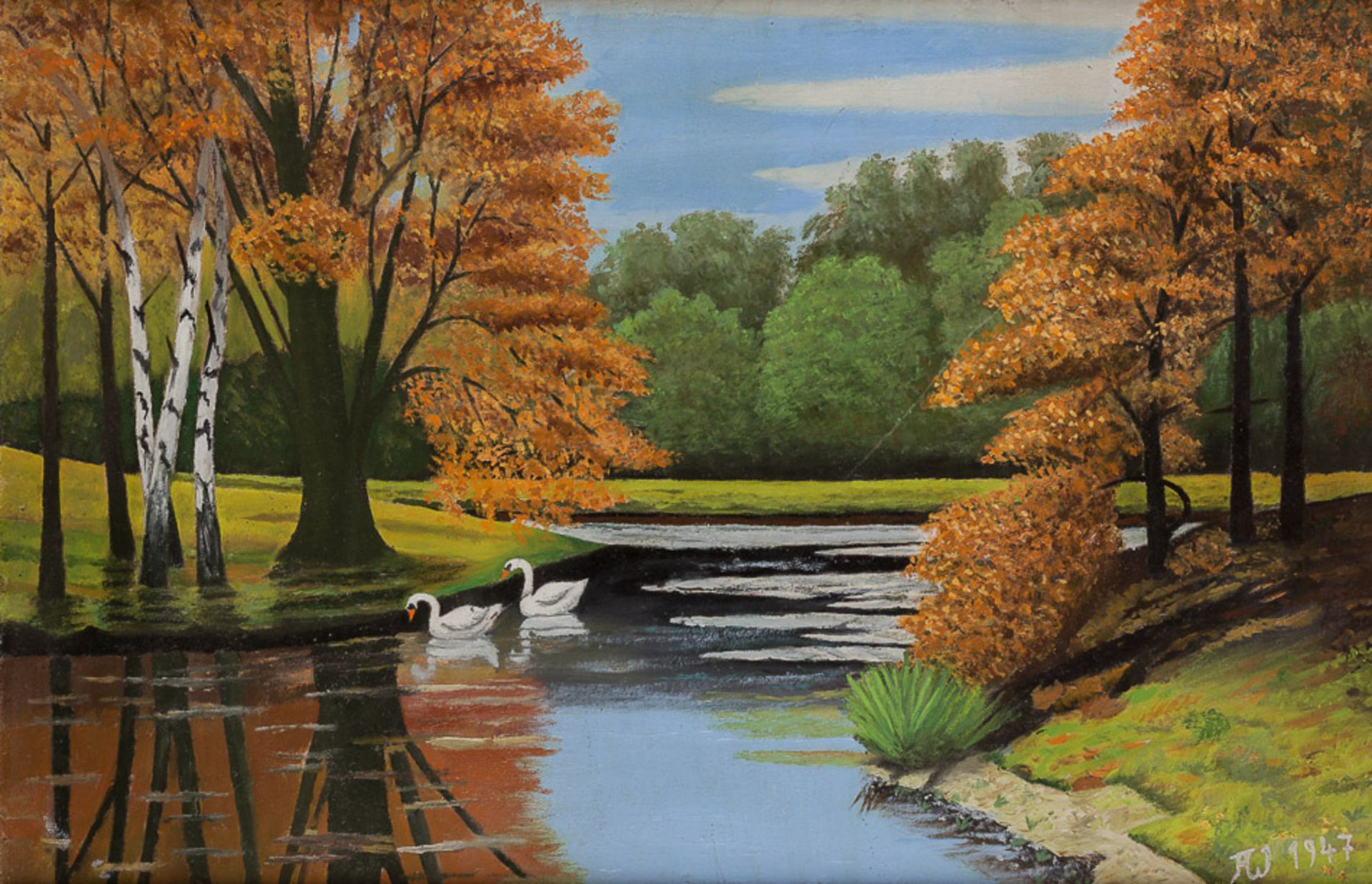 Monogrammist A.W. 20. Jhd."Schwanenpaar im Parkteich"
Gemälde Öl/Hartfaser, 39 cm x 59 cm,