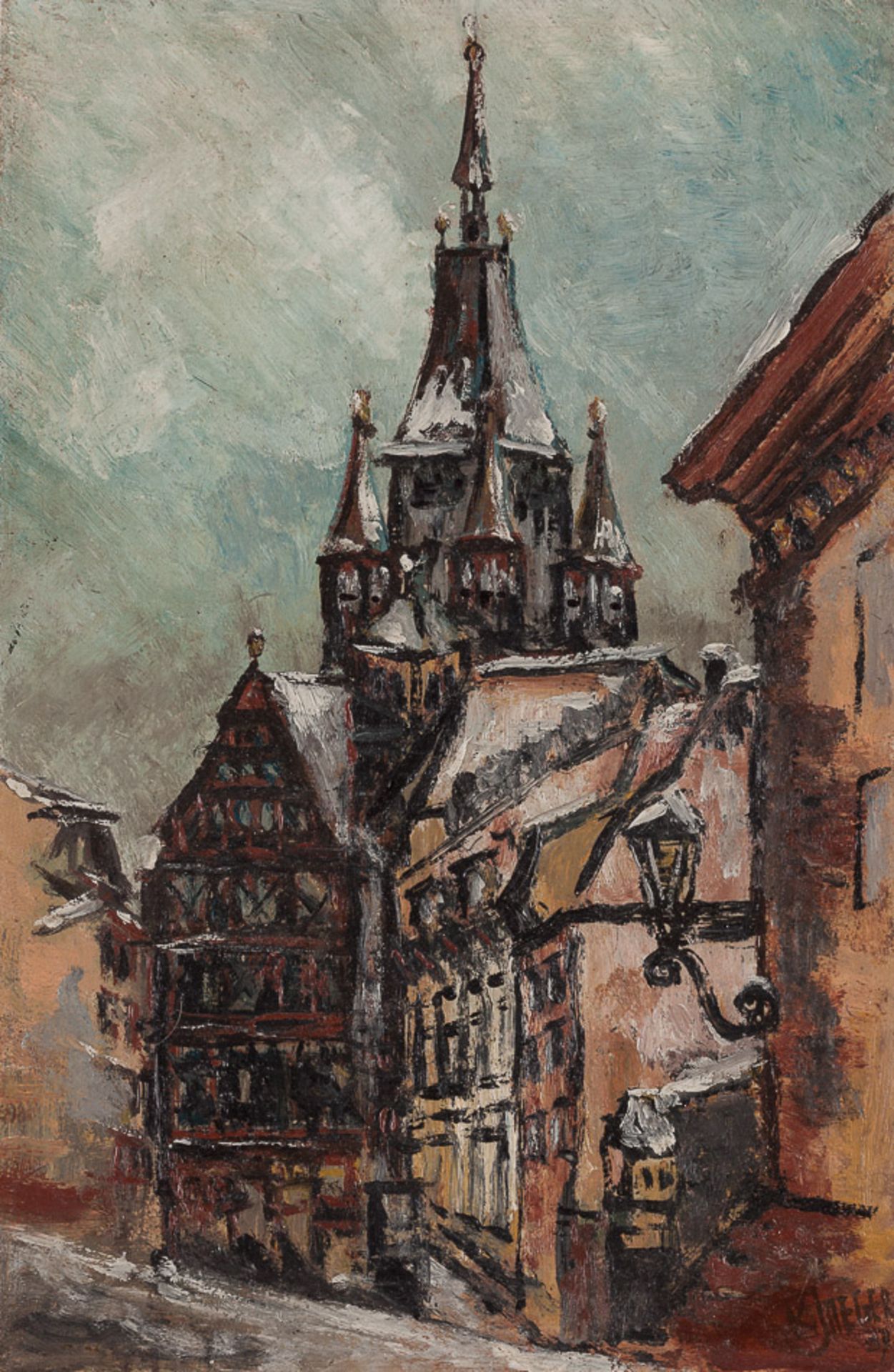 K.Jaeger 20. Jhd."Winterliche Stadtansicht"
Gemälde Öl/Holz, 28,7 cm x 19 cm,
rechts unten signiert,