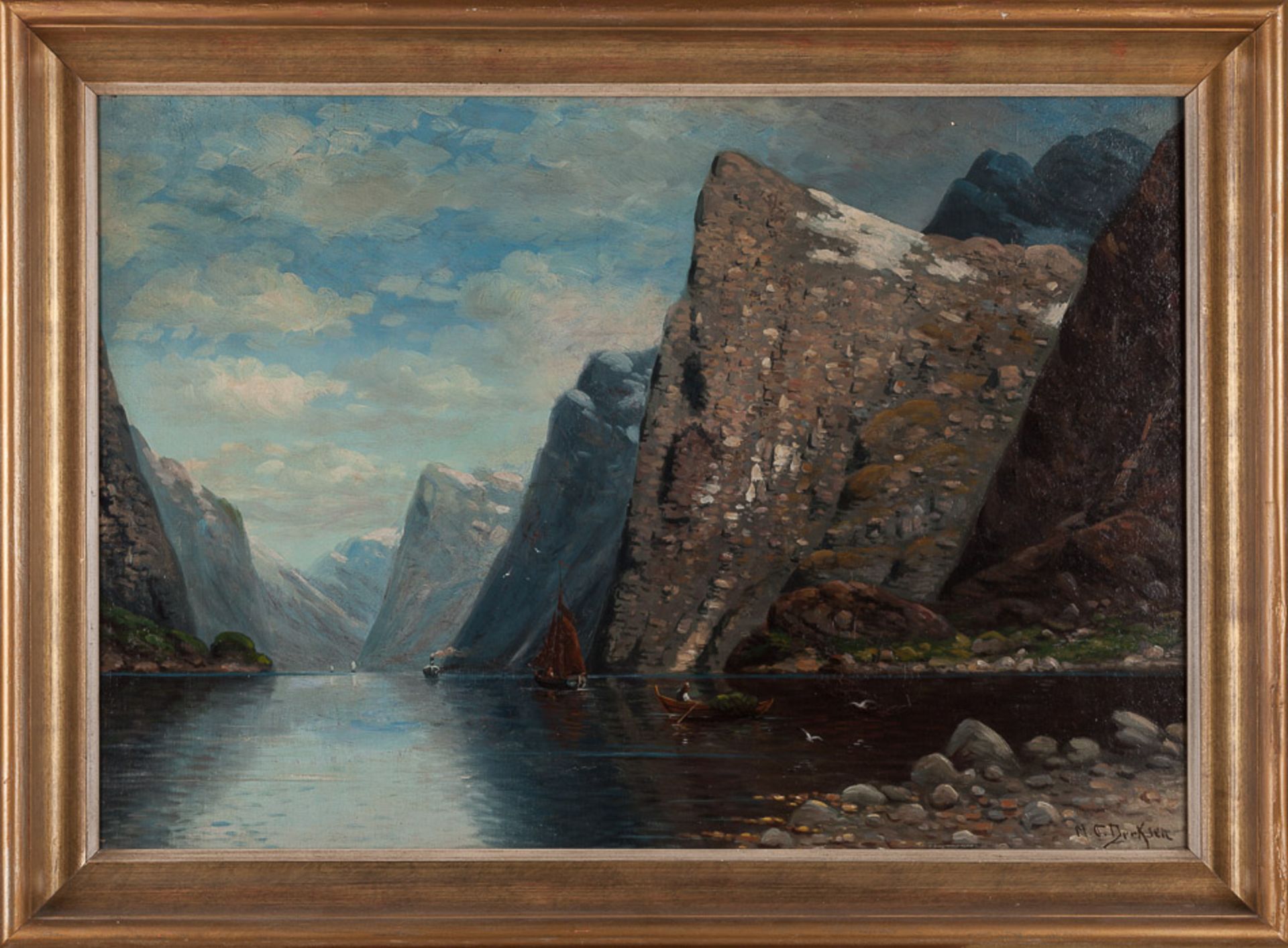 Derksen 20. Jhd."Fjordlandschaft"
Gemälde Öl/Holzplatte, 64,5 cm x 92 cm, gerahmt,
rechts unten - Image 3 of 5