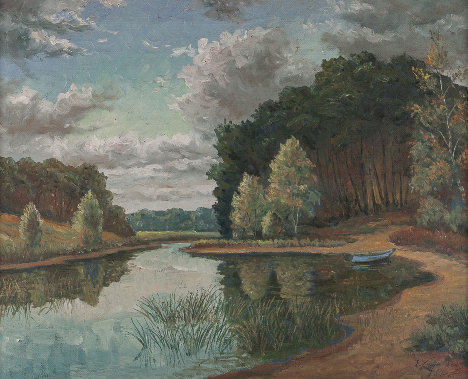 Erich Langer 20. Jhd."Flußlandschaft"
Gemälde Öl/Leinwand, 62,5 cm x 76 cm, gerahmt,
rechts unten