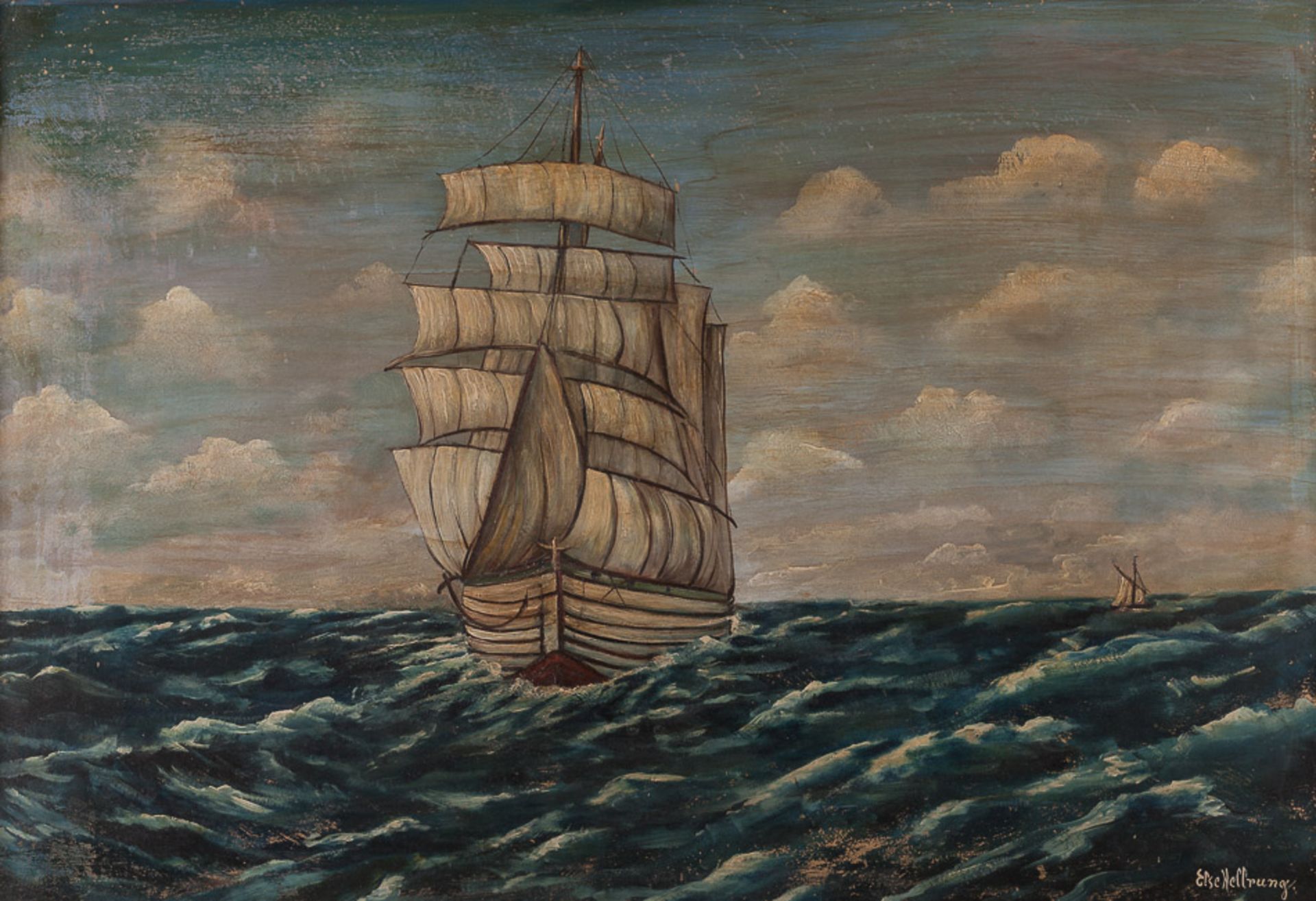 Else Hellrung 20. Jhd."Segelschiff auf hoher See"
Gemälde Öl/Malkarton, 66 cm x 95 cm,
rechts