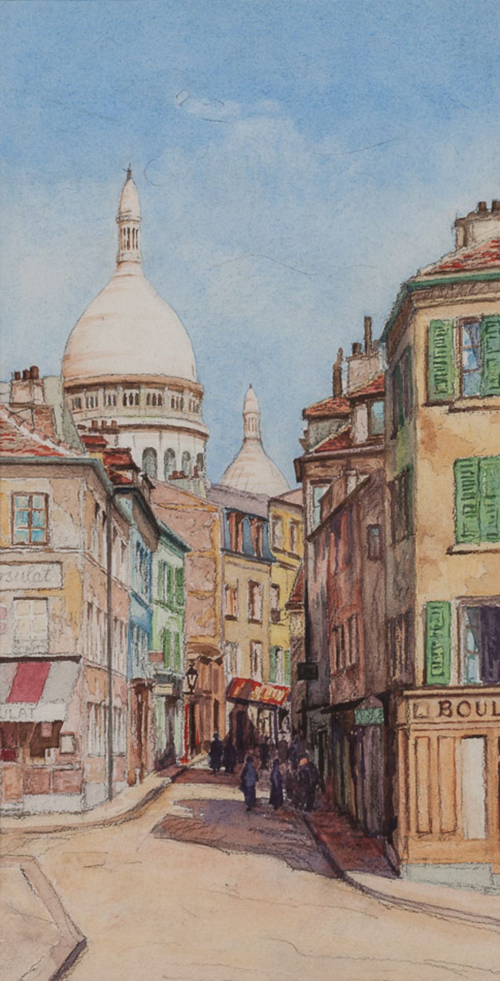 Künstler des 20. Jhd."Südliche Stadtansicht"
Zeichnung-Aquarell, Sichtmaß 34 cm x 17,5 cm