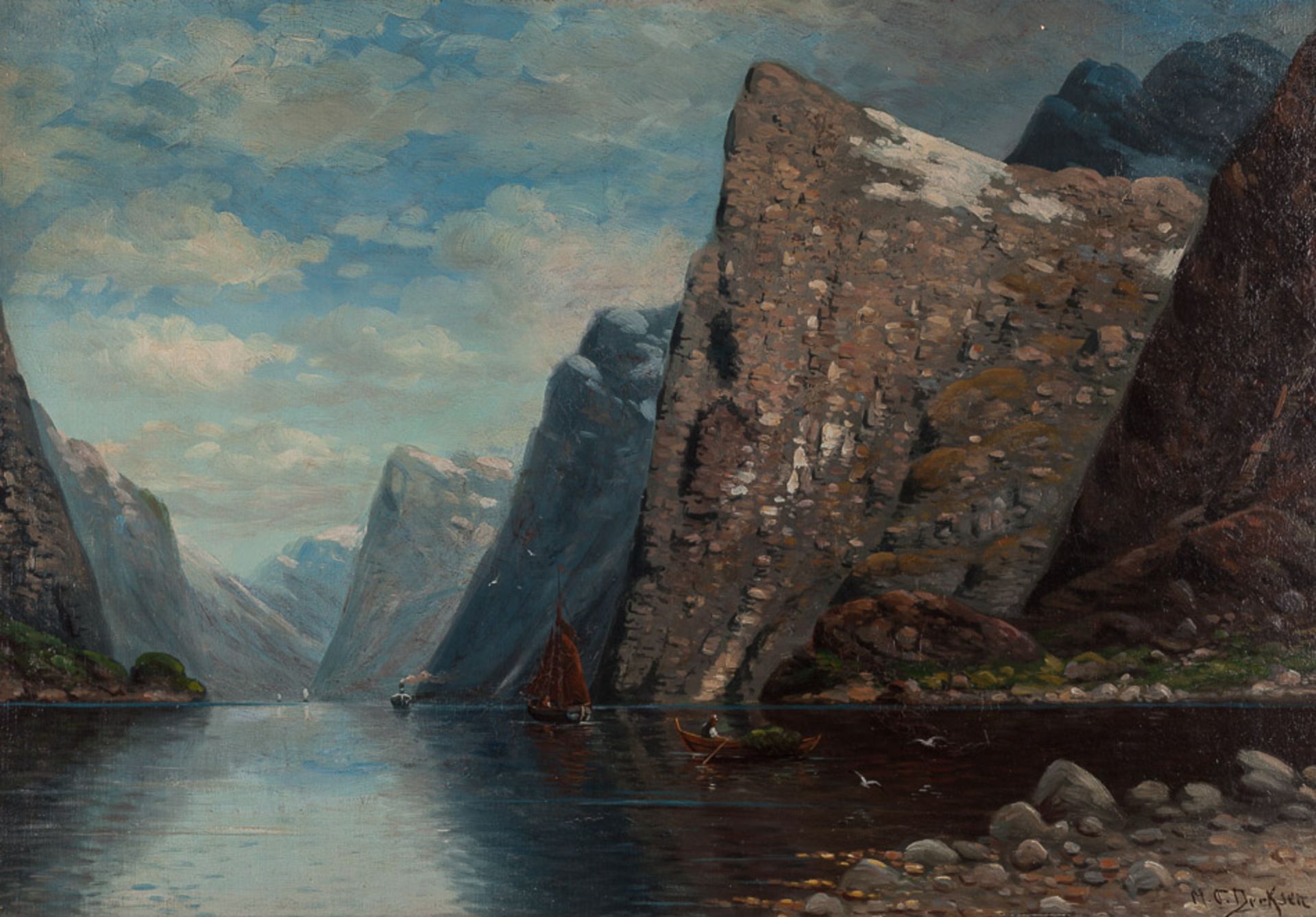 Derksen 20. Jhd."Fjordlandschaft"
Gemälde Öl/Holzplatte, 64,5 cm x 92 cm, gerahmt,
rechts unten