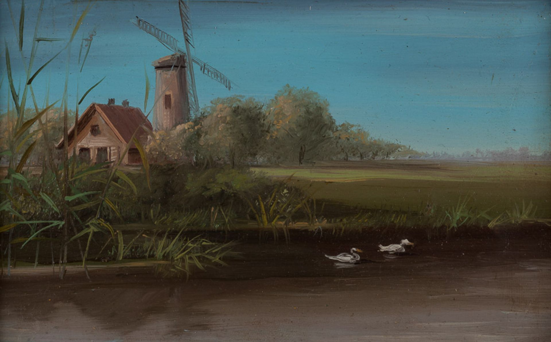 unbekannter Künstler des 19./20. Jhd."Landschaft mit Mühle und Teich"
Gemälde Öl/Holz, 9,7 cm x 15,5