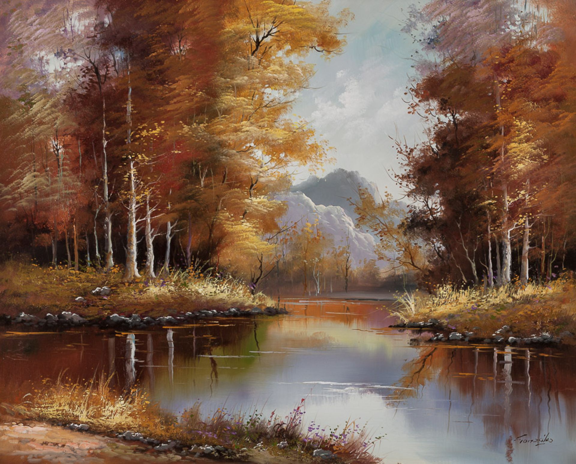 R.Gonzales 20. Jhd."Waldsee im Herbst"
Gemälde Öl/Leinwand, 64 cm x  90 cm, gerahmt,
rechts unten