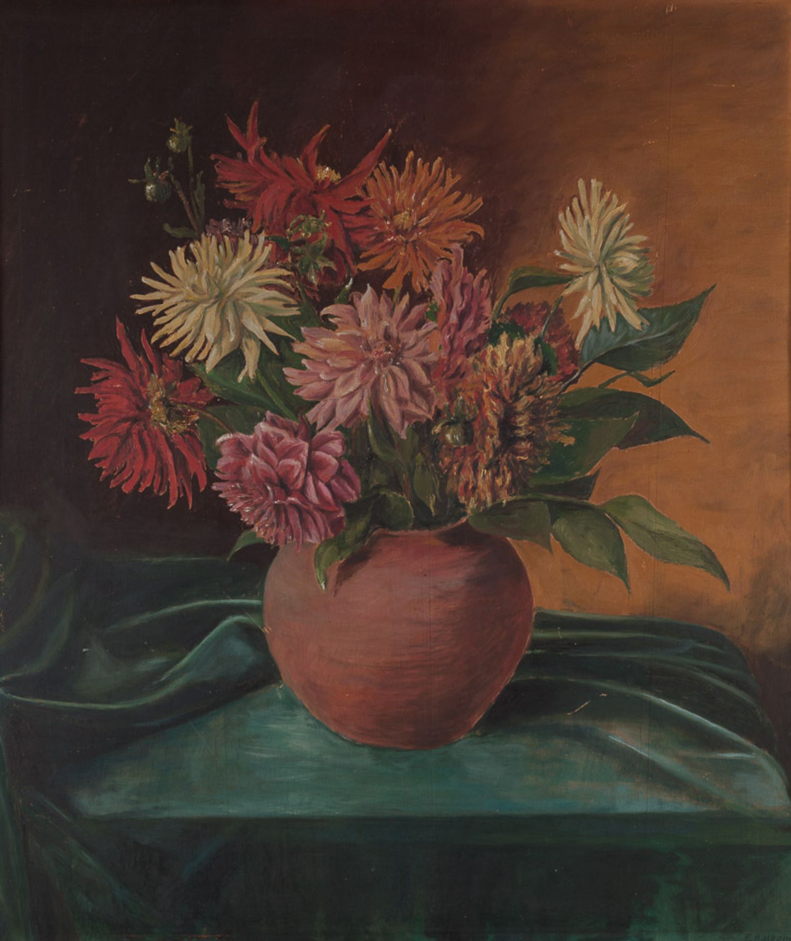 Künstler des 20. Jhd."Blumenstillleben"
Gemälde Öl/Holz, 83,5 cm x 71 cm, 
rechts unten undeutlich