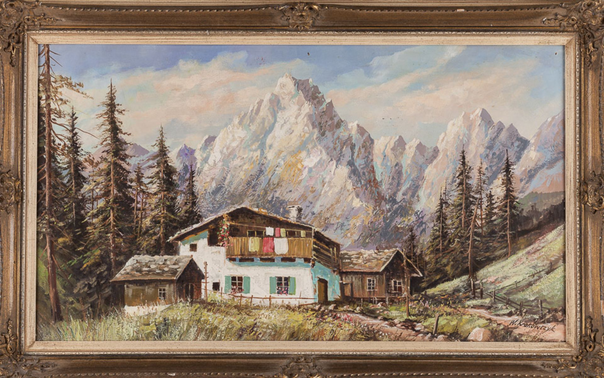 W. Krakowczyk 20. Jhd."Gebirgslandschaft"
Gemälde Öl/Malkarton, 
38,5 cm x 68,5 cm, gerahmt, - Bild 2 aus 3