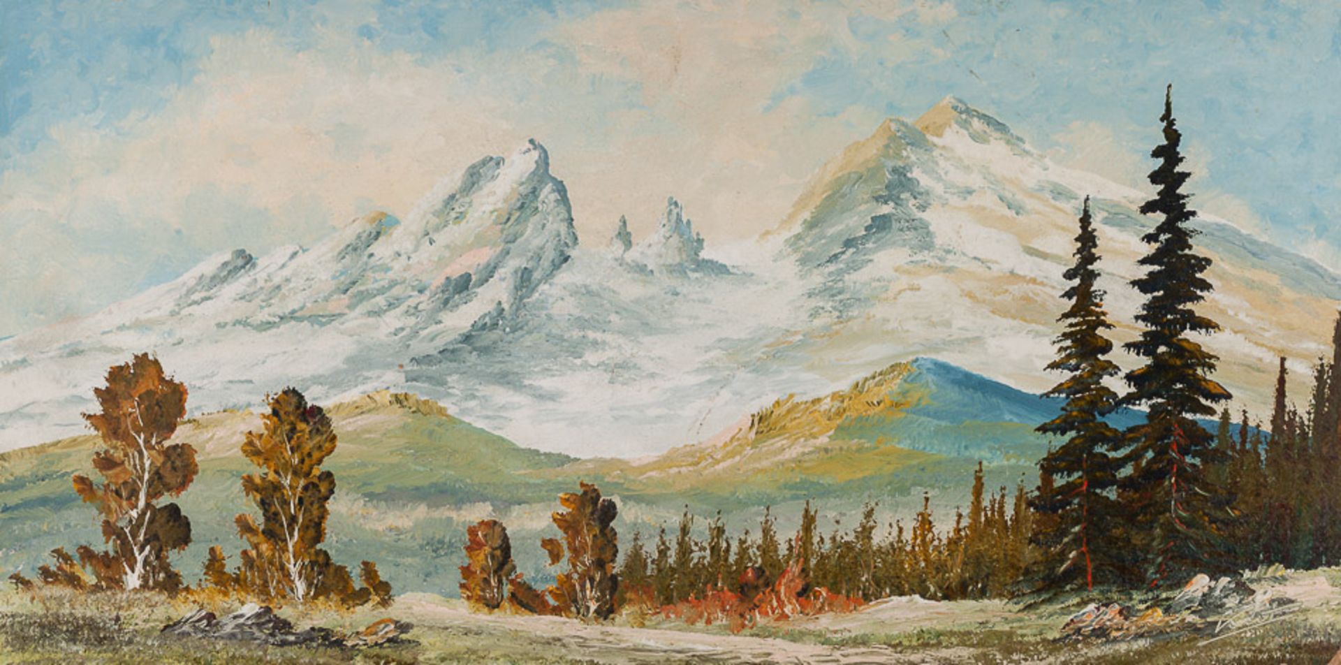 Künstler des 20. Jhd."Gebirgslandschaft"
Gemälde Öl/Hartfaser, 40 cm x 80 cm,
links unten undeutlich