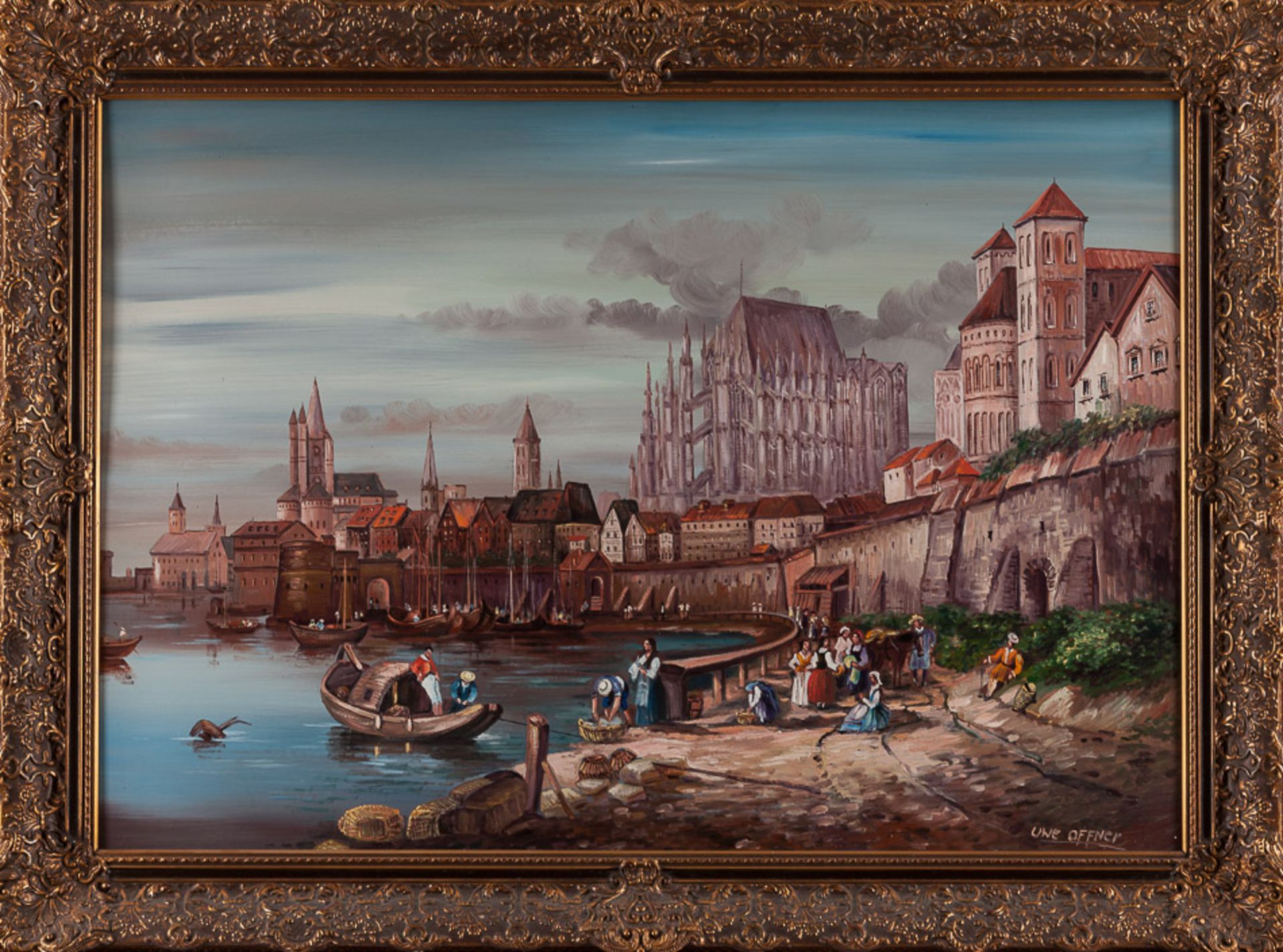 Uwe Offner 20. Jhd."Mittelalterliche Hafenstadt"
Gemälde Öl/Hartfaser, 70 cm x 100 cm, gerahmt, - Image 2 of 4