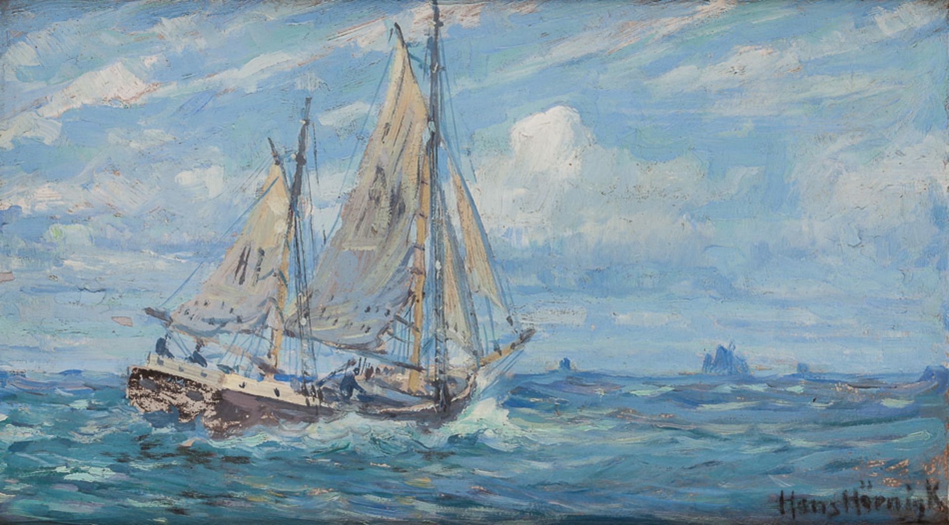 Hans HÖRNIGK (1878-1955)"Segelschiff auf Hoher See"
Gemälde Öl/Malkarton, 23,5 cm x 42,5 cm,