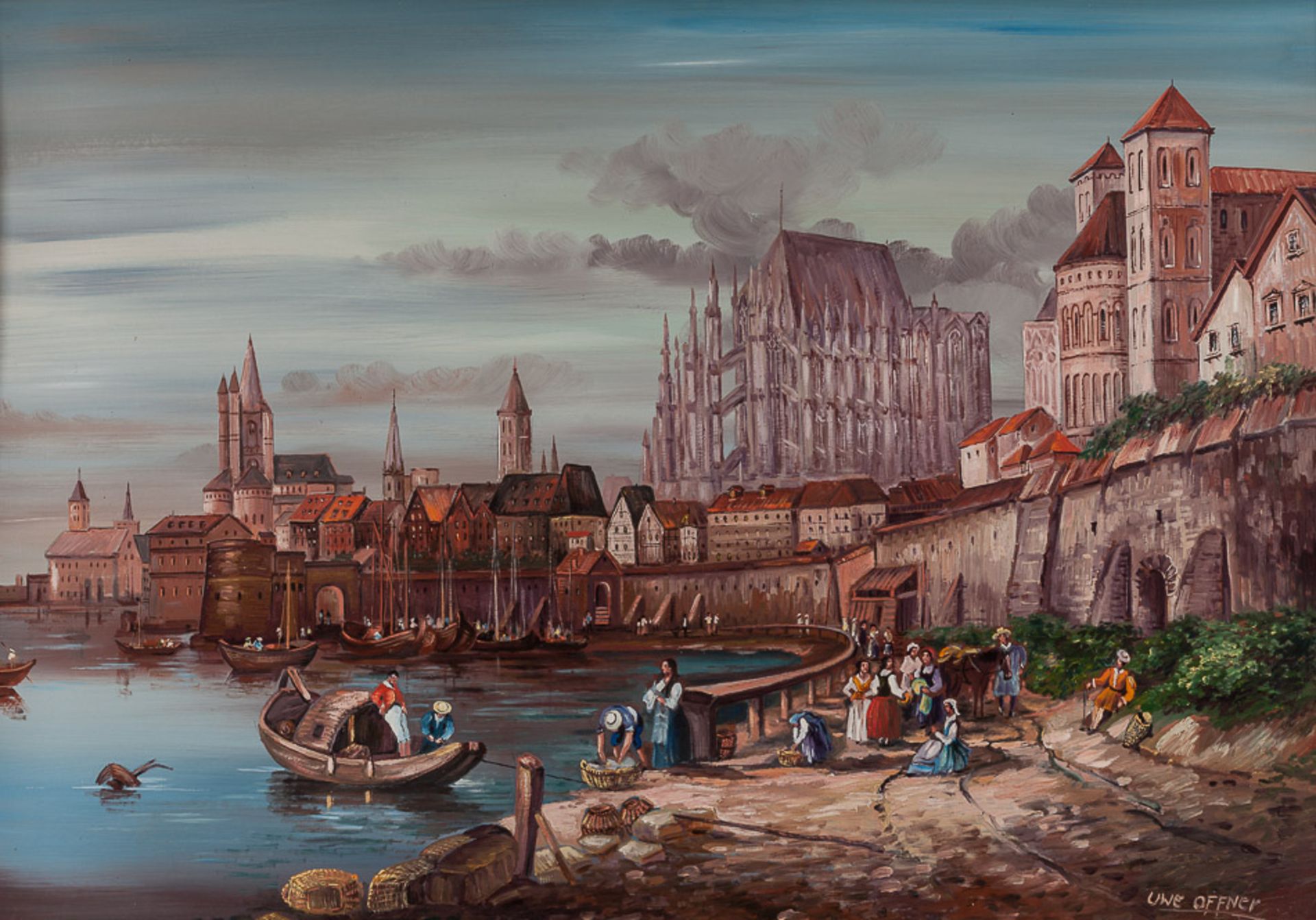 Uwe Offner 20. Jhd."Mittelalterliche Hafenstadt"
Gemälde Öl/Hartfaser, 70 cm x 100 cm, gerahmt,