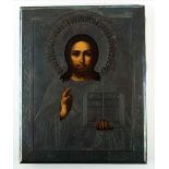 Ikone Rußland / Icon, Russia 19th century"Pantokrator", Tempera auf Holz, mit Silberoklad 84