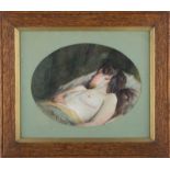 James DOUGLAS (1858-1911)"Liegender Halbakt"
Zeichnung-Aquarell, 
oval 15, 7 cm x 21,7 cm,
links