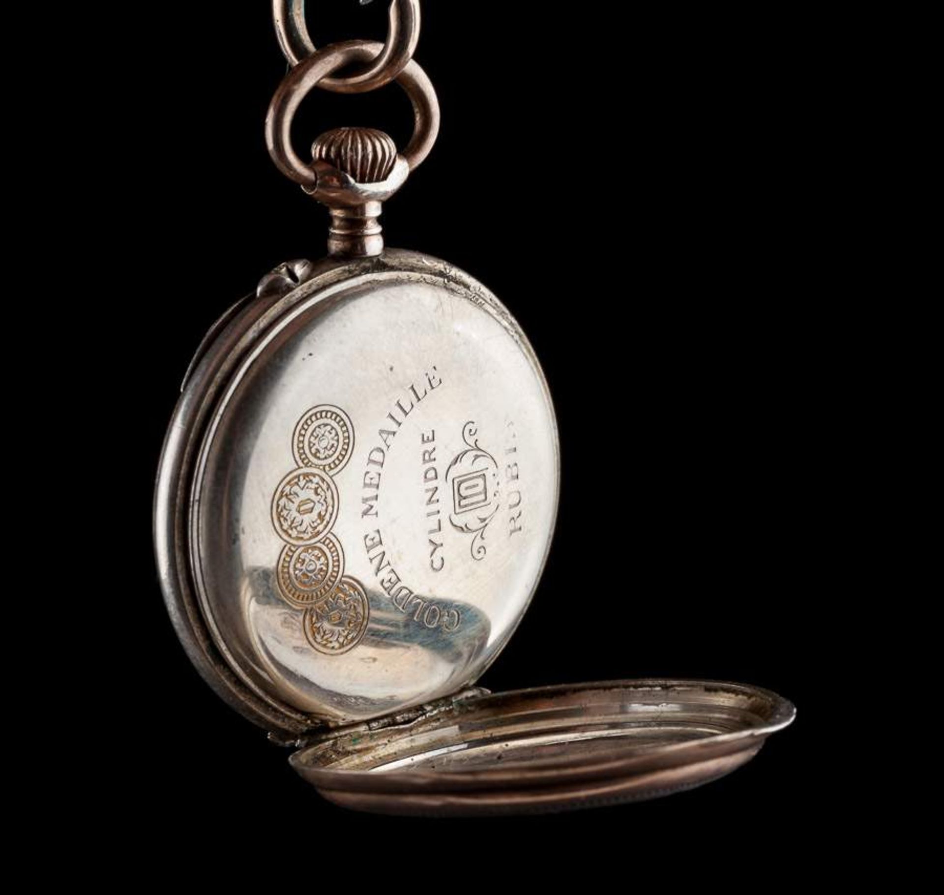 Damen Zylinder Taschenuhr / Ladie´s Zylinder pocket watch800/000 Silber, 10 Rubis, mit Kette, - Bild 2 aus 3