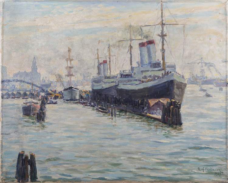 Rolf FRIEDMANN (1878-1957)"Hamburger Hafen"
Gemälde Öl/Leinwand, 52 cm x 66 cm,
rechts unten