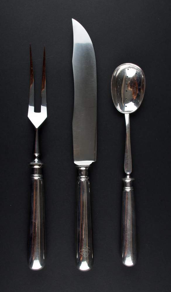 Tranchierbesteck Wellner / Carving silverware, Wellnerversilbert, L: ca. 32 cm /
silver-plated,