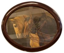 Pferdebild  3 Pferdeportraits  qualitätsvoller Öldruck um 1910, im ovalen Holzrahmen, 44,5 x 36,5