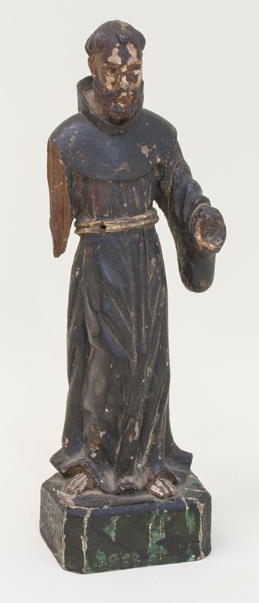 Heiligenfigurgeschnitzter Mönch, ohne Insignien (Arm u. Hand fehlt), wohl Spanien 15. Jh., H. 52