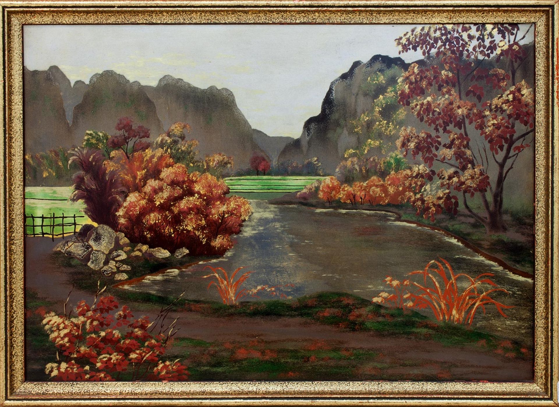 2 LackbilderVietnam, 1960er Jahre, zwei Landschaftsdarstellungen, gerahmt, 49 x 34 cm sowie 39 x - Image 2 of 2