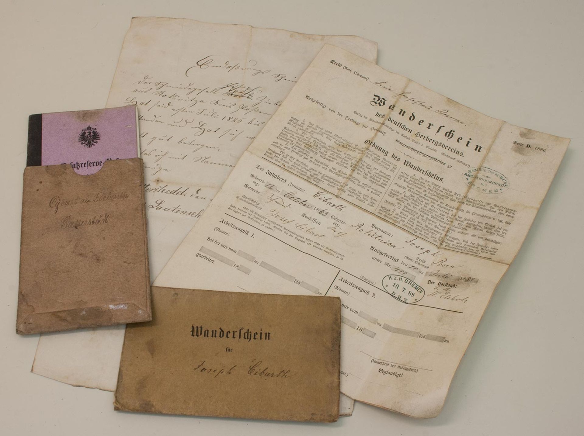 Posten DokumenteWanderschein eines Schmiedegesellen ausgest. in Bremen 1888, sowie Gesellenzeugnis