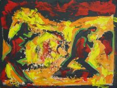 Joe Kapingo(wohl Pseudonym Tom Sack)Abstraktion in Rot-OrangeÖl/Malkarton, 53 x 70 cm, sign. sowie