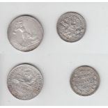2 MünzenRußland/ UdSSR, 20 Kopeken 1915/ 1 Poltinnik 1924, SilberMindestpreis: 10 EUR