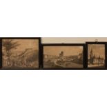 3 Stahlsticheum 1860, verschiedene Ansichten, gerahmt