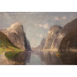 Unbekannt(skandinavischer Landschaftsmaler d. 19. Jh.)Norwegischer FjordÖl/ Leinwand, 81 x 120 cm,