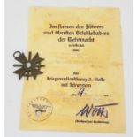 KriegsverdienstkreuzKriegsverdienstkreuz II. Klasse mit Schwertern u. Verleihungsurkunde (Nov.