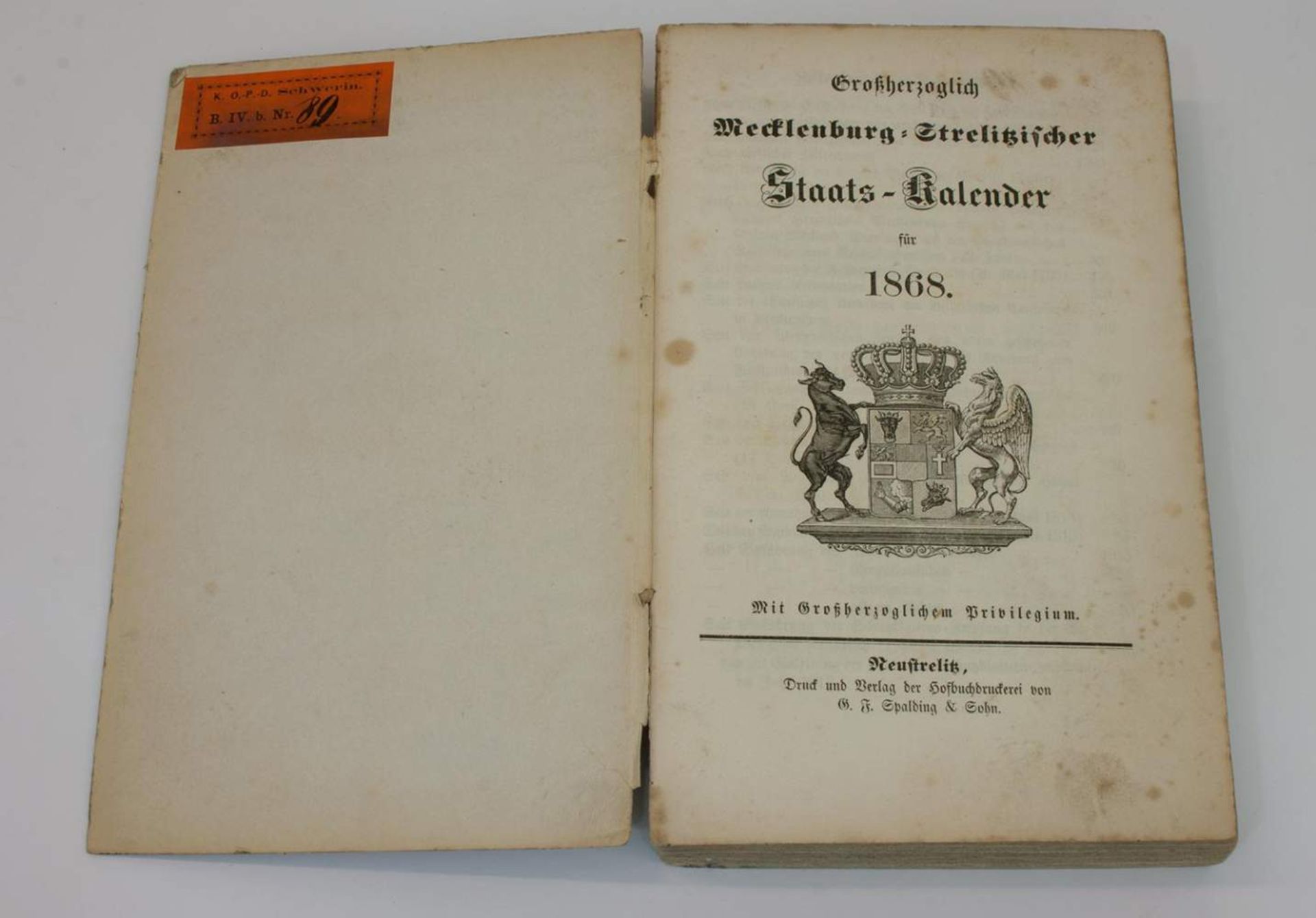 Staatskalender"Großherzoglich Mecklenburg - Strelitzischer Staats-Kalender 1868", Verlag der