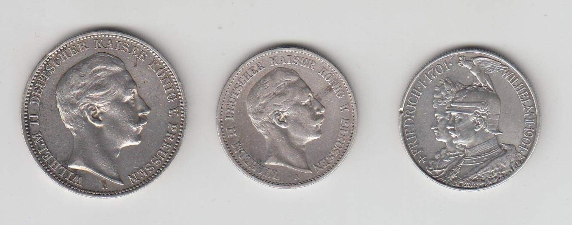 3 MünzenPreussen, 2 Mark 1901, 2 Mark 1900 u. 3 Mark 1909, SilberAufrufpreis: 10 EUR