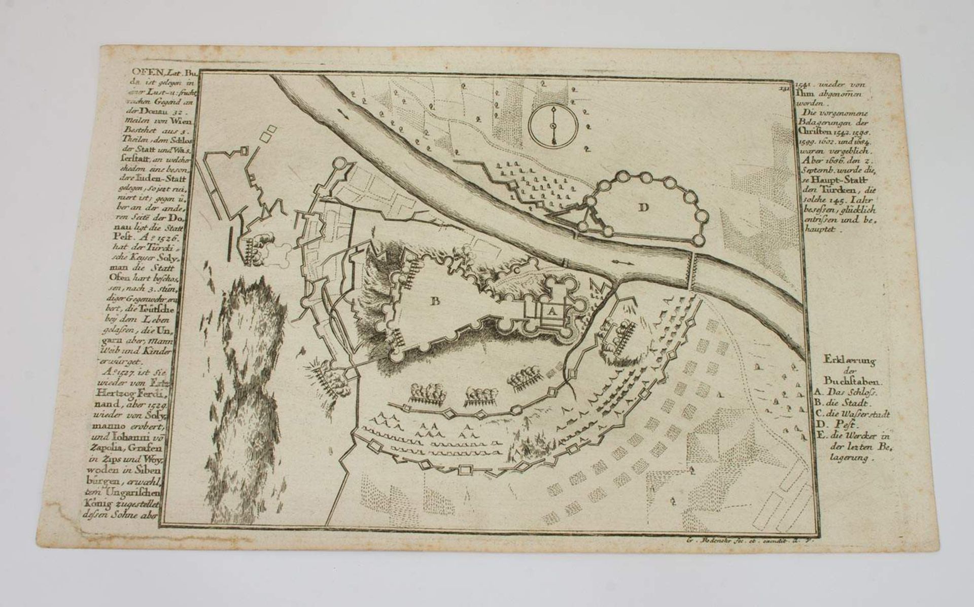 Plan der Stadt Budapestum 1730, Kupferstich nach Gabriel Bodenehr, 18 x 28 m, am Rand
