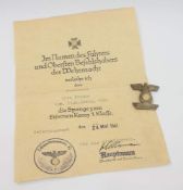 Wiederholungsspangezum Eisernen Kreuz I. Klasse mit VerleihungsurkundeAufrufpreis: 200 EUR