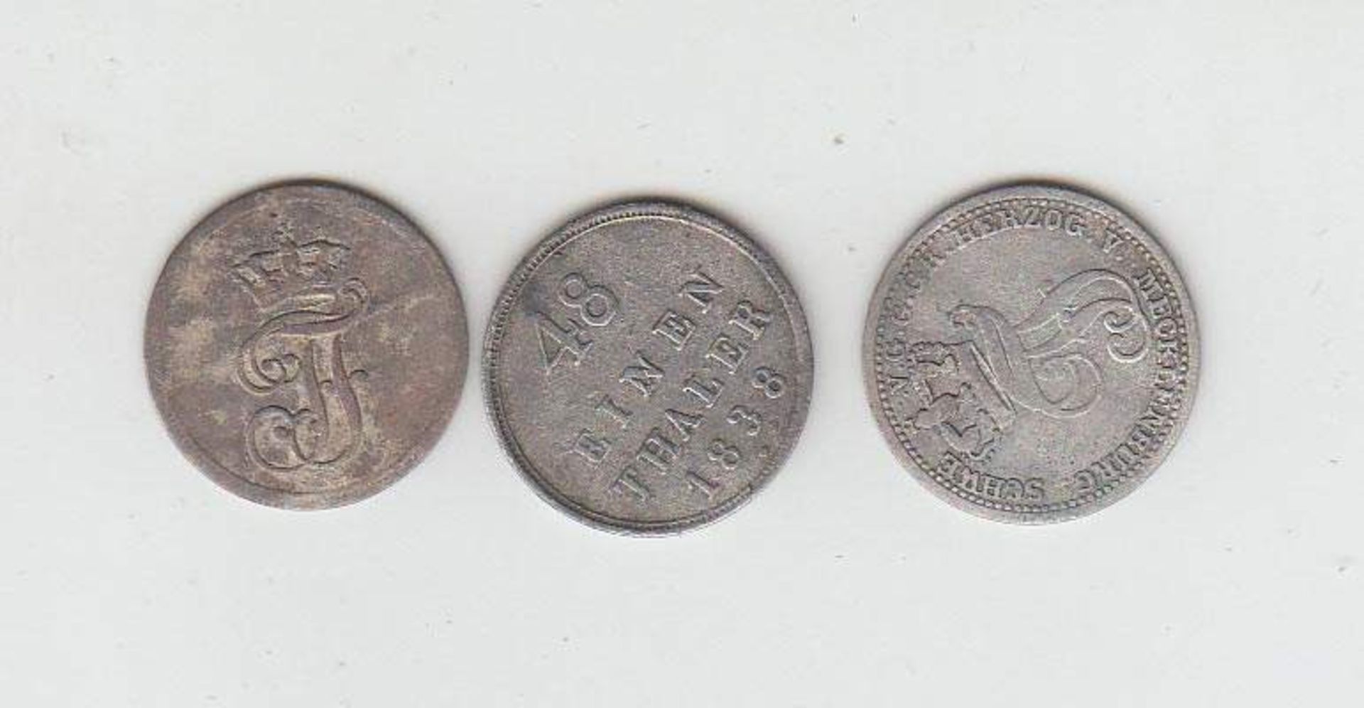 3 Münzen1 Pfennig Mecklenburg Schwerin 1831, 1/48 Taler Mecklenburg Schwerin 1848 u. 1/48 Taler