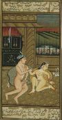 Indische Miniaturmalereiauf alter Buchseite, Motiv: erotische Szene, 13 x 6,5 cmAufrufpreis: 50 EUR
