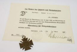 Ehrenkreuzfür Kriegsteilnehmer, I. WK mit VerleihungsurkundeAufrufpreis: 10 EUR