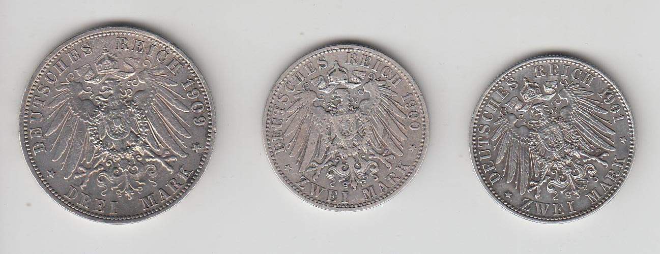 3 MünzenPreussen, 2 Mark 1901, 2 Mark 1900 u. 3 Mark 1909, SilberAufrufpreis: 10 EUR - Image 2 of 2