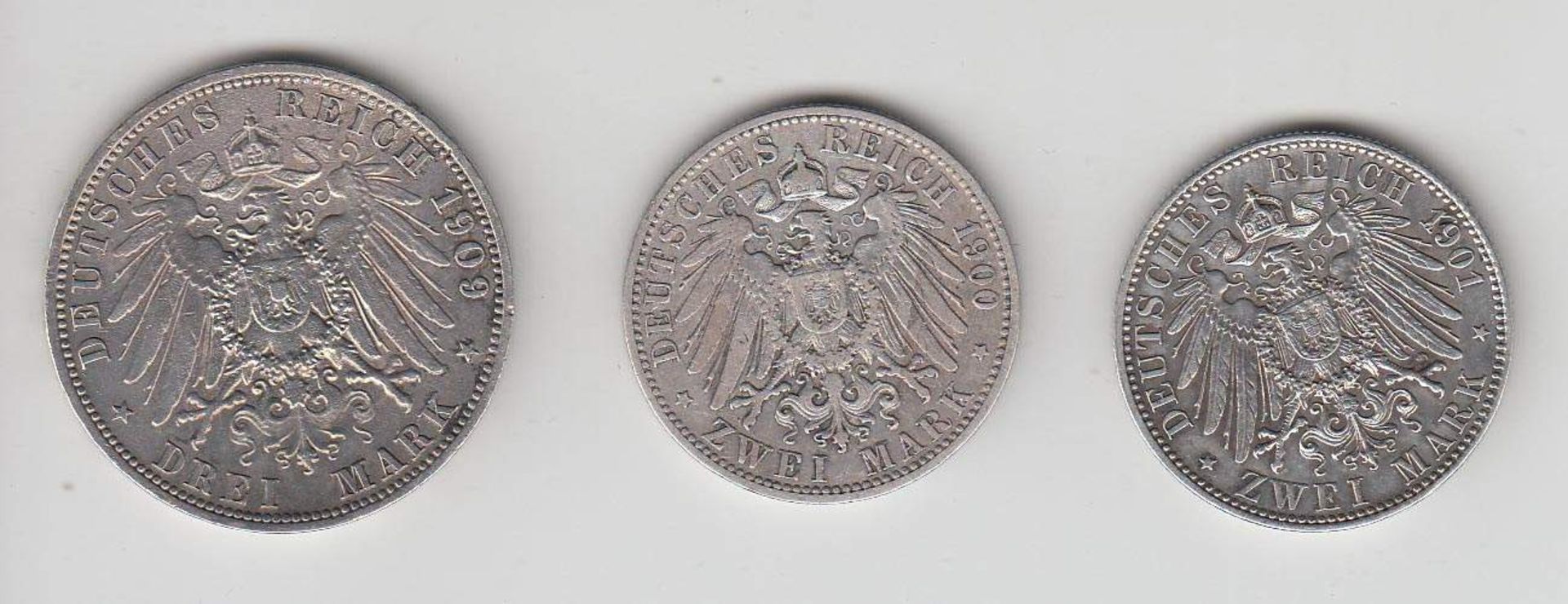 3 MünzenPreussen, 2 Mark 1901, 2 Mark 1900 u. 3 Mark 1909, SilberAufrufpreis: 10 EUR - Bild 2 aus 2