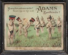 Reklamebildfür "Adams Bartbinde", unter dem Titel "Armor auf dem Exercierplatz"Farb-Lithografie,