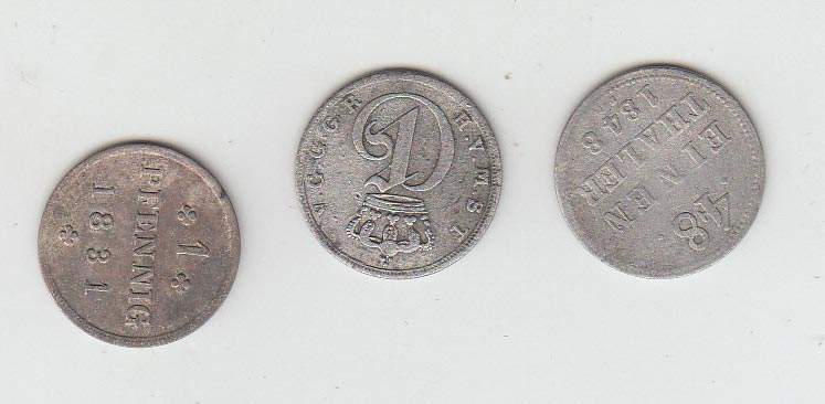 3 Münzen1 Pfennig Mecklenburg Schwerin 1831, 1/48 Taler Mecklenburg Schwerin 1848 u. 1/48 Taler - Image 2 of 2
